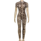 Printed Perspective Mesh Jumpsuit