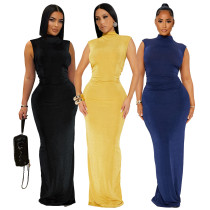 Half High Neck Pleated Waist Sleeveless High Elastic Dress