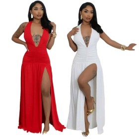 Lace-up V-neck Slit Fashion Dress