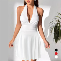 Strap V-neck Tight Pleated Skirt