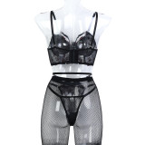 Floral Hollow Three-piece Stockings Sexy Underwear