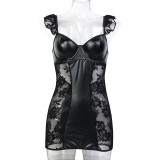 PU Leather Splicing Lace Perspective Ruffled Two-piece Set