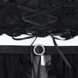 Tied Ribbon Cross Suspender Lace Lace Perspective Sexy Lingerie Four-piece Set