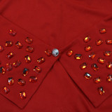 Solid Color Long-sleeved V-neck Iron Diamond Jumpsuit