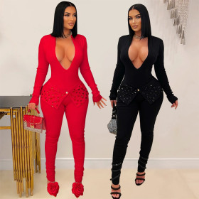 Solid Color Long-sleeved V-neck Iron Diamond Jumpsuit