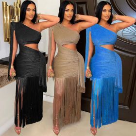 Asymmetric One Shoulder Tassel Skirt