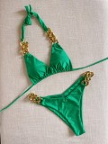 Gold Chain Accessories Strap Solid Color Split Swimsuit