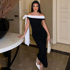 One Shoulder Streamer Slim Solid Color Dress