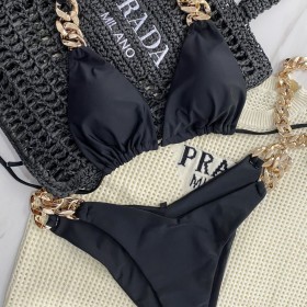 Gold Chain Accessories Strap Solid Color Split Swimsuit