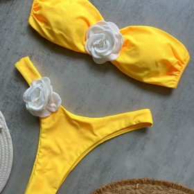 Yellow Three-dimensional Flower Solid Color Bikini