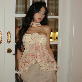 Flower Printed Scarf Collar Irregular Tube Top Vest