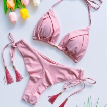 Tassel Solid Color Bikini Set Swimsuit