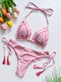 Tassel Solid Color Bikini Set Swimsuit
