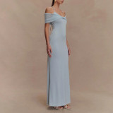 One-length Neck Halter Dress Mesh Fitting Waist Solid Color Backless Long Skirt