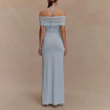 One-length Neck Halter Dress Mesh Fitting Waist Solid Color Backless Long Skirt
