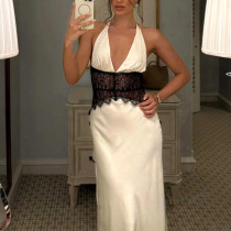 Deep V Silk Satin Long Skirt Spliced ​​halter Neck Waist-hugging Sexy Dress