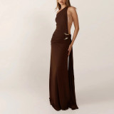 Off-shoulder Women's Dress with Backless Metal Decorative Slim Solid Color Skirt