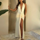 Halve Neck Pleated Strap Long Skirt with Backrest High Slit Dress