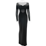 Hollow Mesh Skirt Fashionable Spliced ​​off-shoulder Long-sleeved Slim Dress