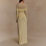 Hollow Mesh Skirt Fashionable Spliced ​​off-shoulder Long-sleeved Slim Dress