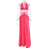 Deep V Silk Satin Long Skirt Spliced ​​halter Neck Waist-hugging Sexy Dress