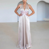 Deep V Silk Satin Long Skirt Spliced ​​halter Neck Waist-hugging Sexy Dress