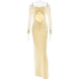 Hollow Mesh Skirt Fashionable Spliced ​​off-shoulder Long-sleeved Slim Dress