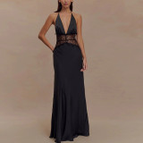 Deep V Silk Satin Long Skirt Spliced ​​halter Neck Waist-hugging Sexy Dress