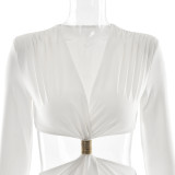 Elegant Deep V Long-sleeved Dress Fashionable Hollow Slim Long Skirt