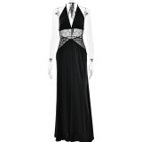 Deep V Silk Satin Long Skirt Spliced ​​halter Neck Waist-hugging Sexy Dress