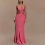 Deep V Silk Satin Long Skirt Spliced ​​halter Neck Waist-hugging Sexy Dress