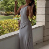 Off-shoulder Women's Dress with Backless Metal Decorative Slim Solid Color Skirt