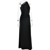 Off-shoulder Women's Dress with Backless Metal Decorative Slim Solid Color Skirt