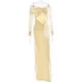 Hollow Mesh Skirt Fashionable Spliced ​​off-shoulder Long-sleeved Slim Dress