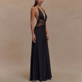 Deep V Silk Satin Long Skirt Spliced ​​halter Neck Waist-hugging Sexy Dress