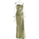Strap-breasted Long Skirt Elegant Solid Color Waist-hugging Streamer Dress