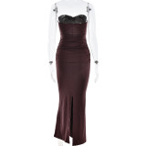 Strap-breasted Long Skirt Elegant Solid Color Waist-hugging Streamer Dress