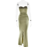 Strap-breasted Long Skirt Elegant Solid Color Waist-hugging Streamer Dress