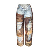 Denim 3D Printed Wide-leg Casual Trousers