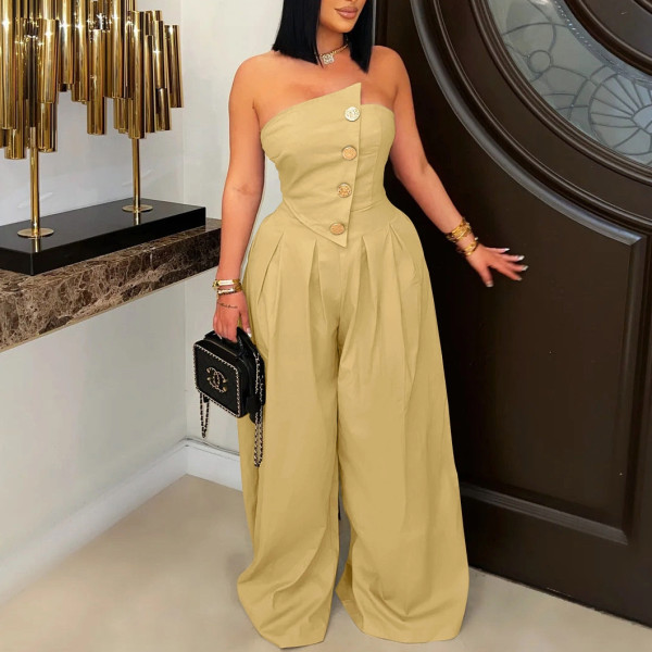 Strapless Sleeveless Metal Button Wide-leg Jumpsuit