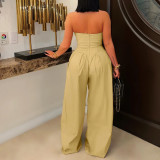 Strapless Sleeveless Metal Button Wide-leg Jumpsuit