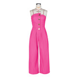 Strapless Sleeveless Metal Button Wide-leg Jumpsuit