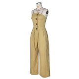 Strapless Sleeveless Metal Button Wide-leg Jumpsuit