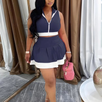 Sleeveless Zipper Top with Short Skirt Suit Splicing