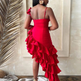 Solid Color Suspender Irregular Ruffled Women's Dress