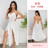 Mesh Deep V Back Strap Nightgown High Slit Irregular Home Clothing