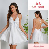 Satin Lace Nightgown Back Hollow Deep V Suspender Pajamas