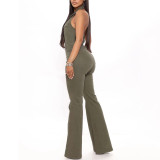Denim Fashion High Elastic Sexy Backless Lapel Work Trousers Jumpsuit
