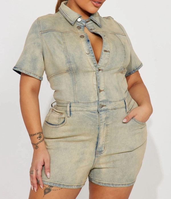 High Elastic Short-sleeved Slim Fit and Slim Washing Denim Jumpsuit