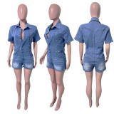 High Elastic Short-sleeved Slim Fit and Slim Washing Denim Jumpsuit